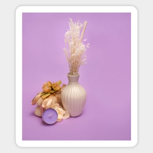 beauty set with  candle, soap and dried flowers  on a violet background Sticker